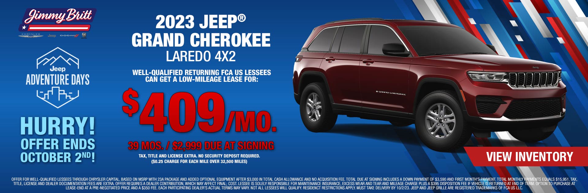 2023 Jeep Grand Cherokee Laredo: Lease for $409/mo. for 39 months with $2,999 due at signing!