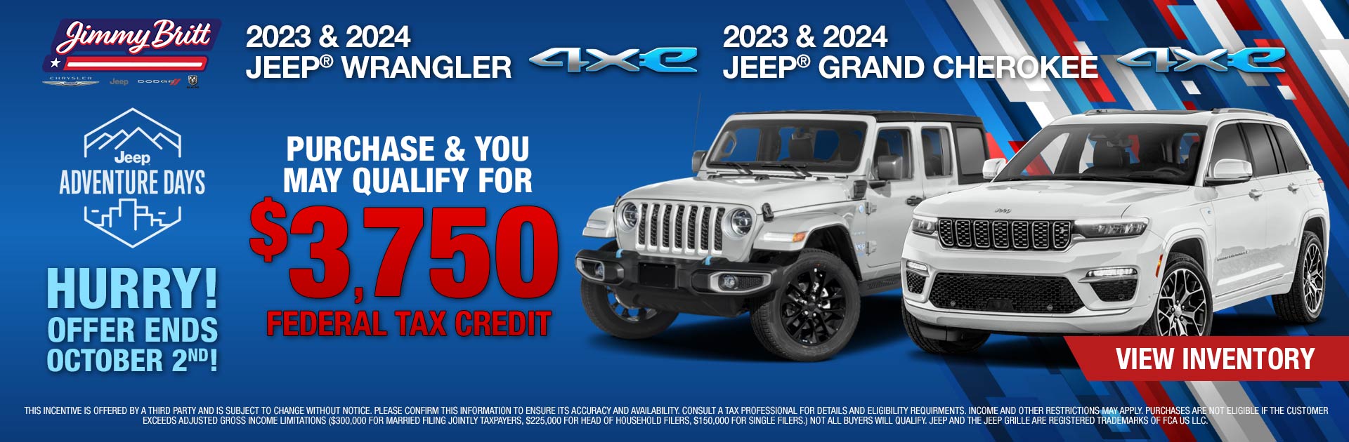 Select 2023 & 2024 Jeep Wrangler Models: Purchase and You may qualify for $3750 Federal Tax Credit!
