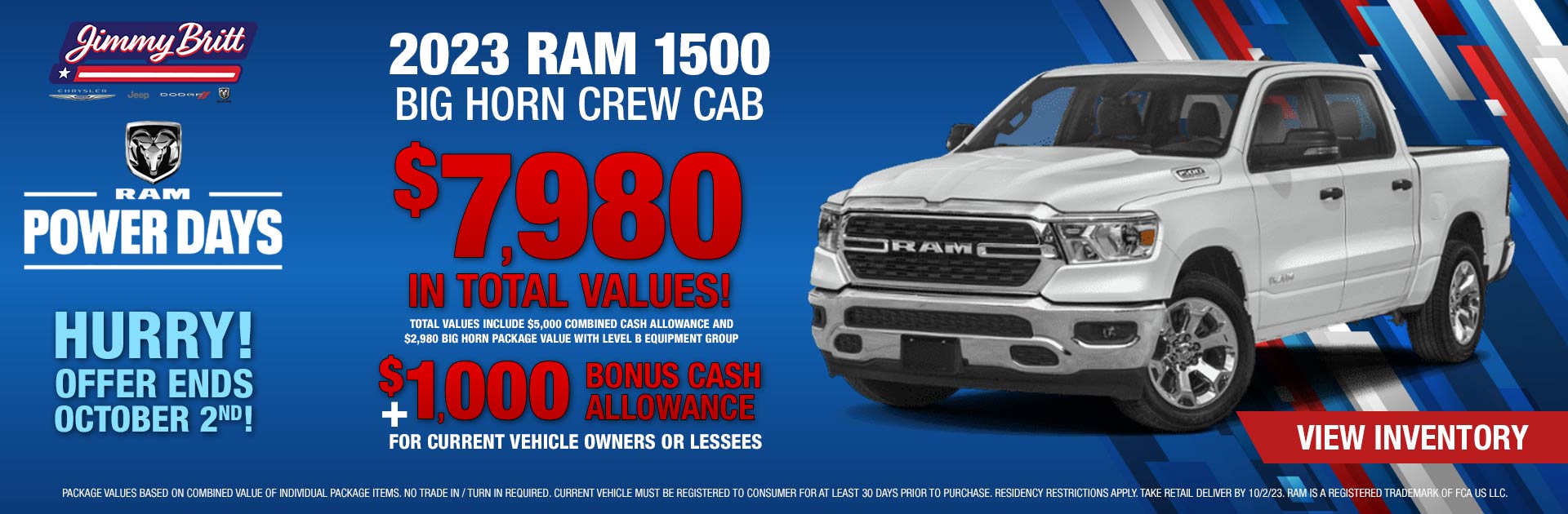 2023 RAM 1500 Big Horn Crew Cab: Up to $7,980 in total values + $1000 Bonus Cash Allowance!